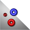 Blue and red markers touching a grey
     region
